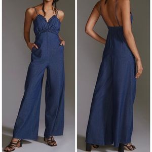 Anthropologie Dark Denim Wide Leg Jumpsuit, Size L NWT